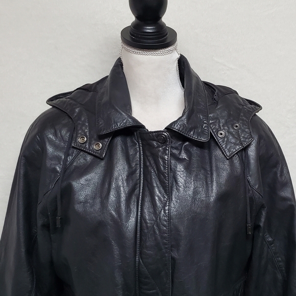 VINTAGE 80s Zenia Black Leather Hooded Tie-Waist Thermolite Lined Layered Jacket - Picture 7 of 16